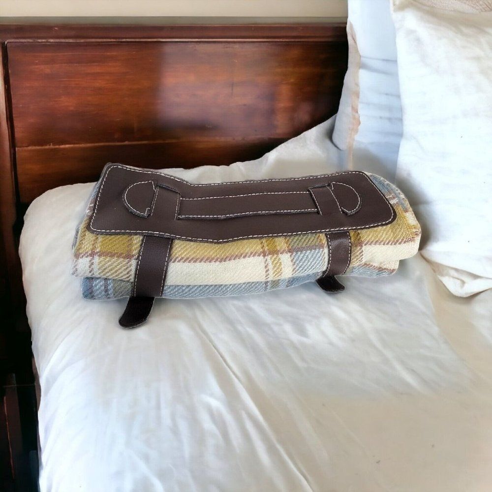 Throw Picnic Blanket Blue Beige Tan Plaid Fleece Portable Carry Leather Handle